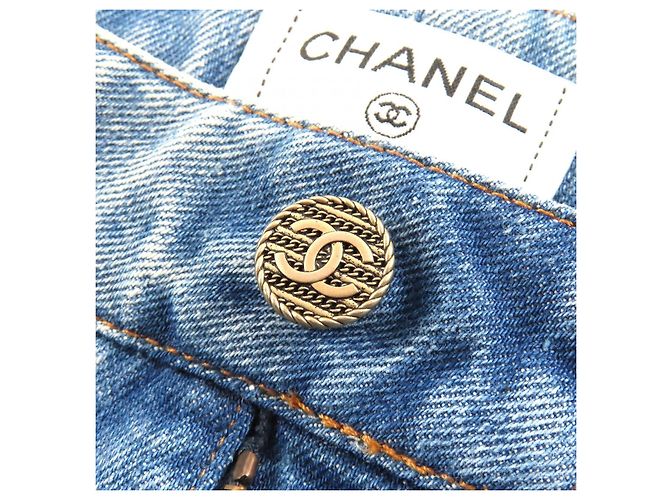 Chanel COCO Knopf Denim-Hose mit Distressed-Tüll Blau - Ansicht 7