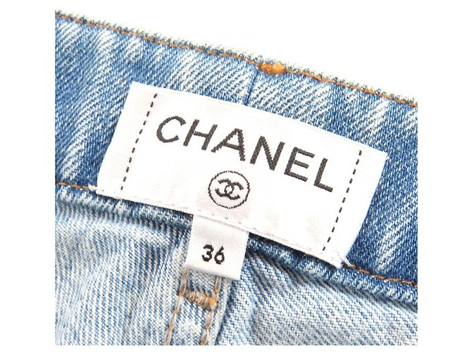 Chanel COCO Knopf Denim-Hose mit Distressed-Tüll Blau - Ansicht 8