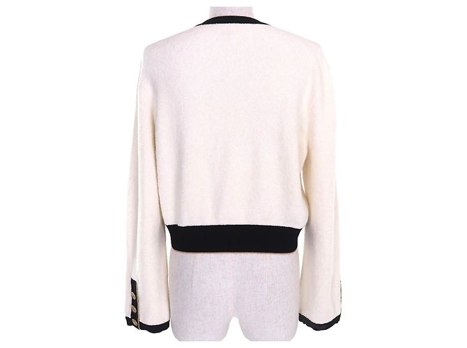 Timeless Cárdigan de punto de toalla de algodón CHANEL COCO con botones marcados Negro Blanco Dorado - vista 3