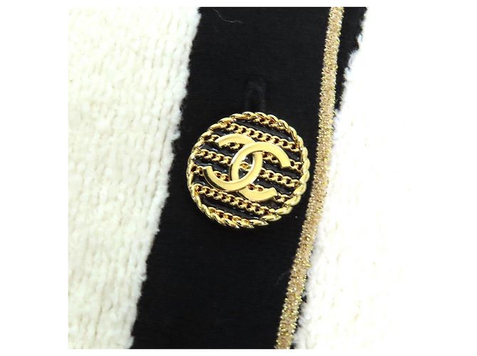 Timeless Cárdigan de punto de toalla de algodón CHANEL COCO con botones marcados Negro Blanco Dorado - vista 5