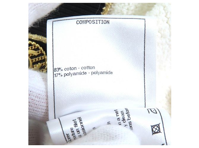 Timeless Cárdigan de punto de toalla de algodón CHANEL COCO con botones marcados Negro Blanco Dorado - vista 8