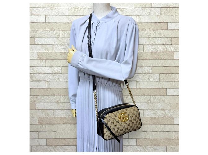 Borsa a Spalla Gucci GG Marmont Nero Beige - vista 2
