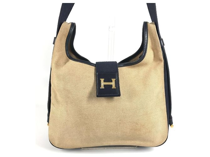 Hermès Hermes Vintage Sacoche Tasche Beige Marineblau - Ansicht 2
