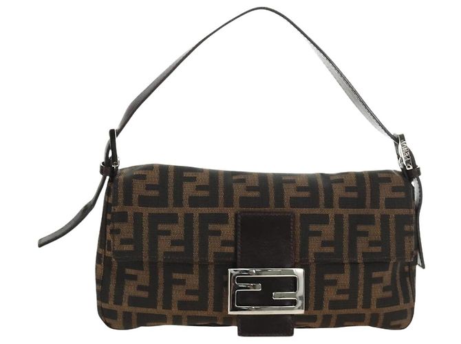 FENDI Zucca Canvas Mamma Baguette Shoulder Bag Black Brown Auth 185313M Marrone Nero - vista 13