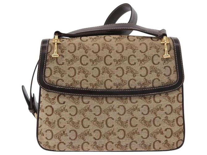 Céline Borsa a tracolla CELINE C Sulky Horse Carriage in tela Beige Gold Auth 185927A - vista 3