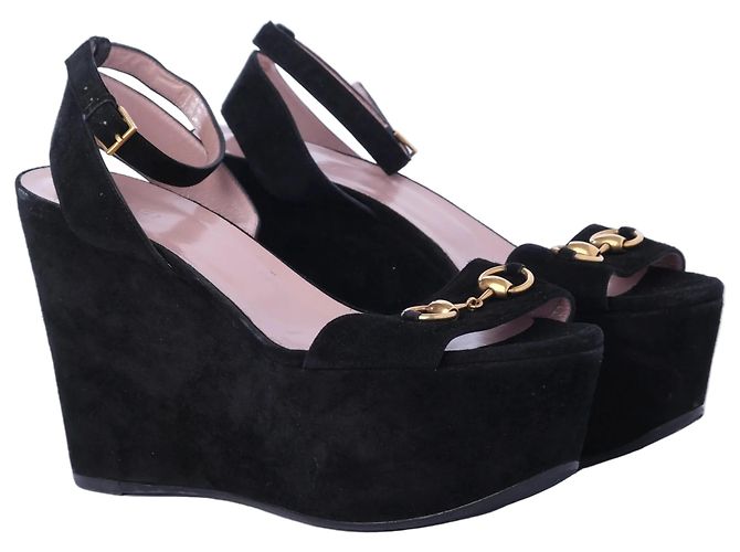Gucci Black Suede Horsebit Platform Ankle Strap Wedges - view 2