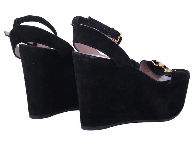 Gucci Black Suede Horsebit Platform Ankle Strap Wedges - view 3