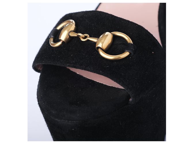 Gucci Black Suede Horsebit Platform Ankle Strap Wedges - view 4