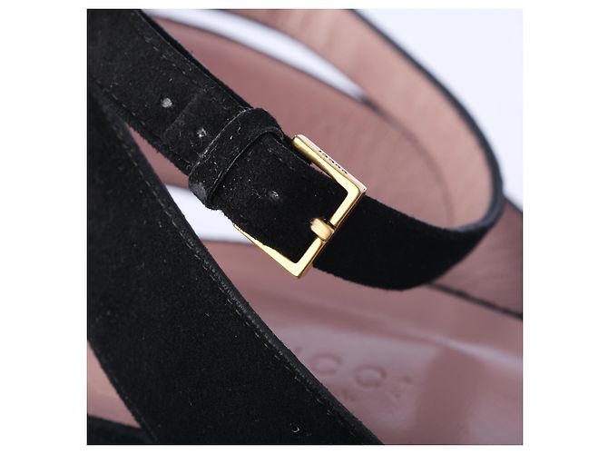 Gucci Black Suede Horsebit Platform Ankle Strap Wedges - view 6