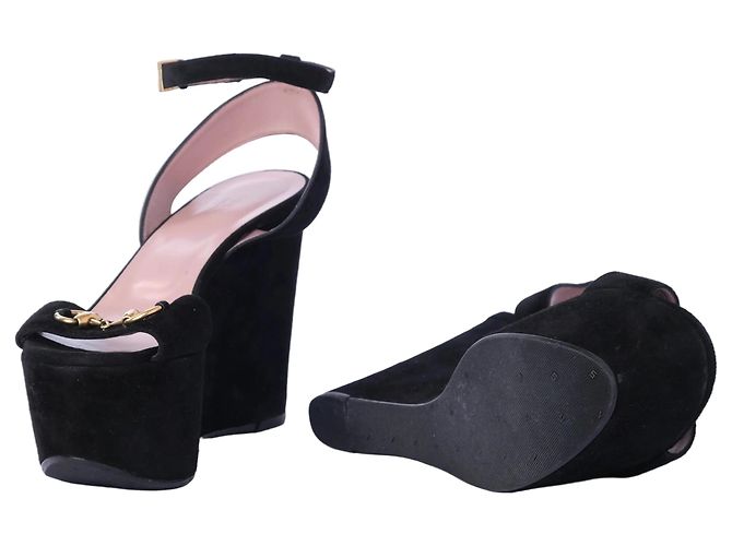 Gucci Black Suede Horsebit Platform Ankle Strap Wedges - view 9