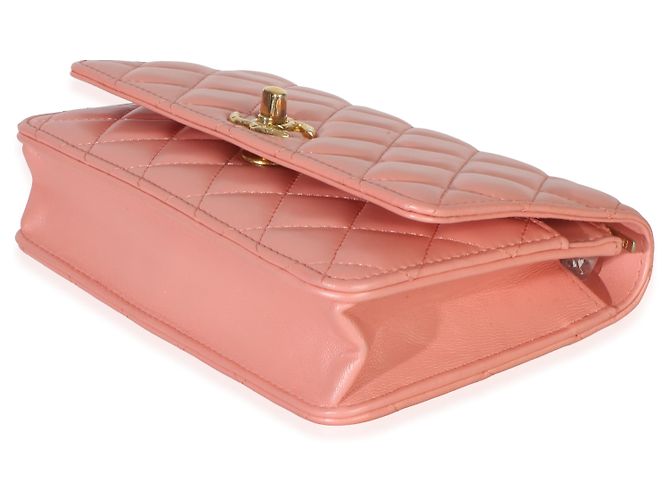 Wallet On Chain Cartera con cadena Chanel en piel de cordero acolchada rosa iridiscente CC - vista 6