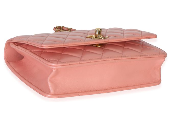 Wallet On Chain Cartera con cadena Chanel en piel de cordero acolchada rosa iridiscente CC - vista 7