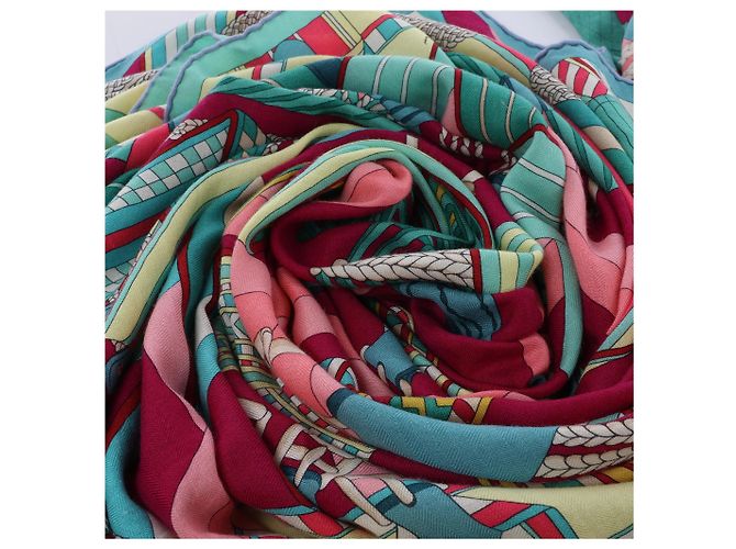Sciarpa Carré Géant "SANGLES EN ZIGZAG" di Hermès in Cashmere e Seta, Verde x Viola - vista 14