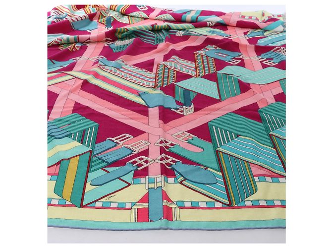 Sciarpa Carré Géant "SANGLES EN ZIGZAG" di Hermès in Cashmere e Seta, Verde x Viola - vista 4