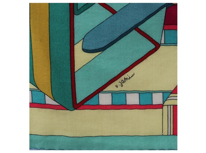 Sciarpa Carré Géant "SANGLES EN ZIGZAG" di Hermès in Cashmere e Seta, Verde x Viola - vista 9