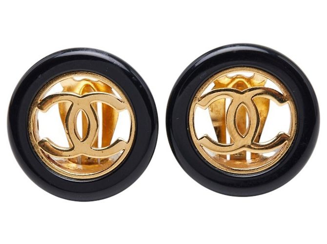 Chanel Coco Mark Vintage Rundohrringe Schwarz Golden - Ansicht 2