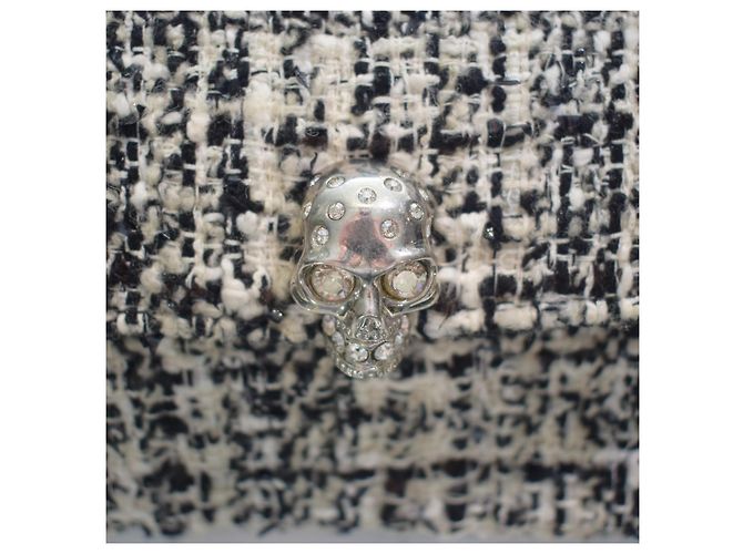 Alexander McQueen Borsa a tracolla Skull in tweed Nero Bianco - vista 14