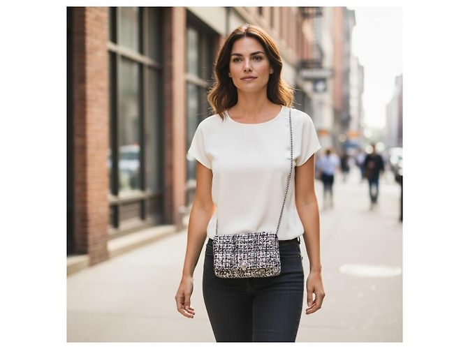 Alexander McQueen Borsa a tracolla Skull in tweed Nero Bianco - vista 2