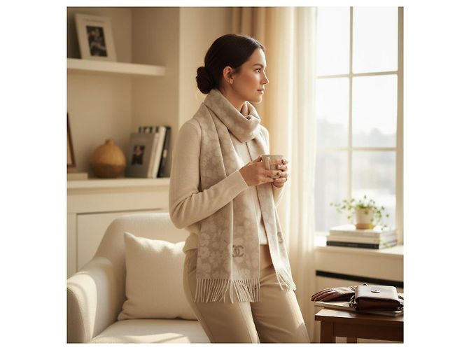 Timeless Chanel Sciarpa stretta Camelia in lana e cashmere - Beige - vista 11