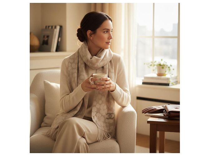 Timeless Chanel Sciarpa stretta Camelia in lana e cashmere - Beige - vista 5