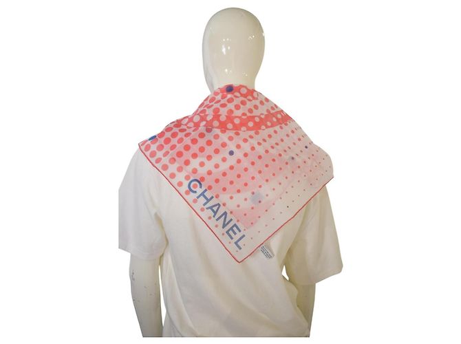 Foulard quadrato Chanel cotone pois Logo CC Rosa Blu Bianco - vista 10