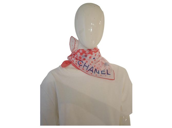 Foulard quadrato Chanel cotone pois Logo CC Rosa Blu Bianco - vista 11