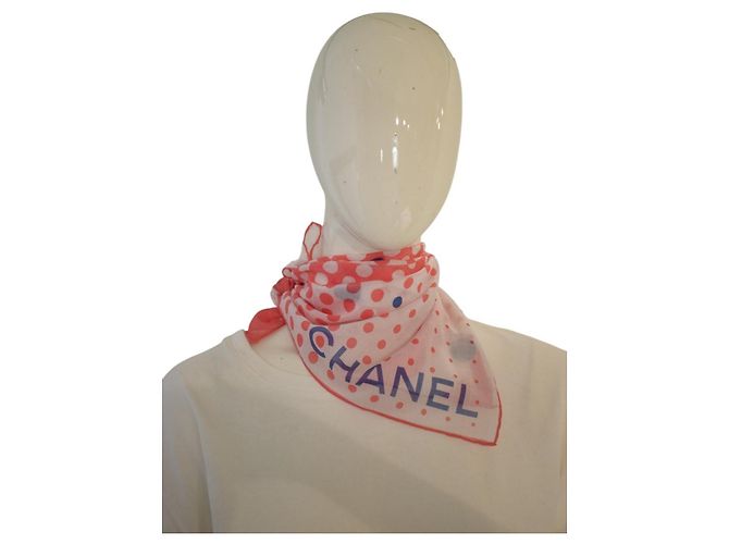Foulard quadrato Chanel cotone pois Logo CC Rosa Blu Bianco - vista 12