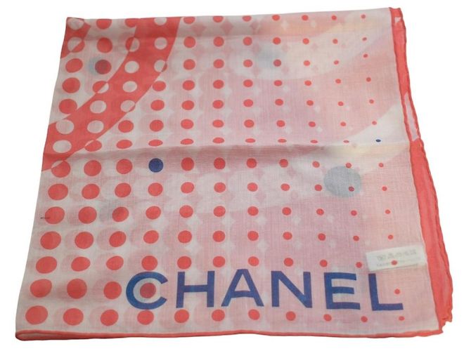 Foulard quadrato Chanel cotone pois Logo CC Rosa Blu Bianco - vista 7