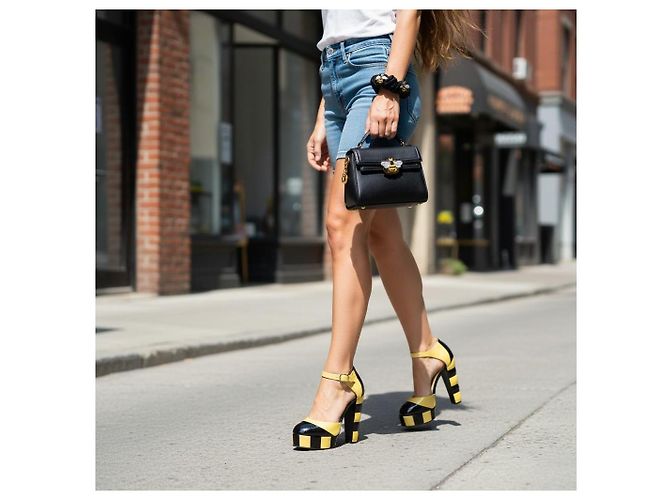 Chanel Runway Décolleté in vernice con cinturino e plateau, 38.5 Nero Giallo - vista 8