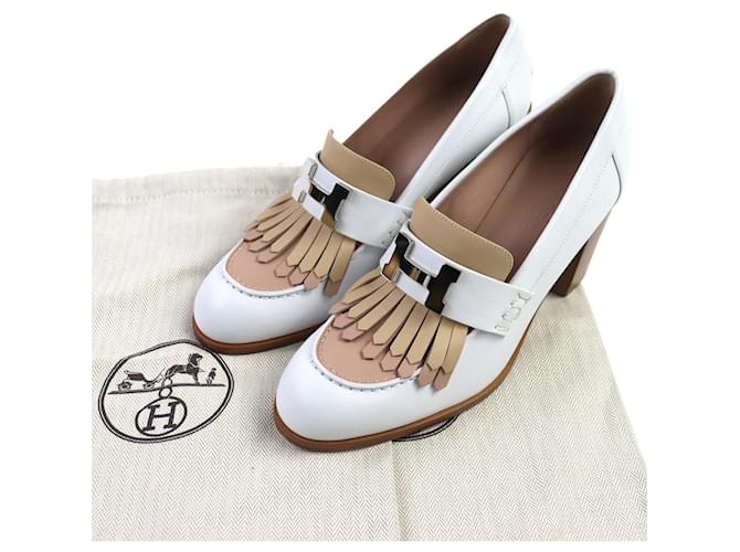 Hermès Hermes Elysee Leder Pumps Silber Weiß Beige - Ansicht 2