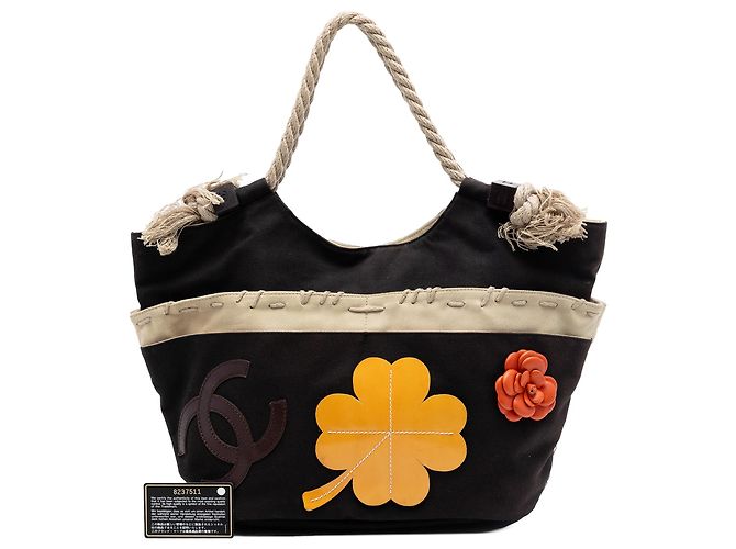 Chanel Tote Cabas Brown 2004 Cruise Camellia CC Clover Rope Marrone Marrone scuro - vista 7