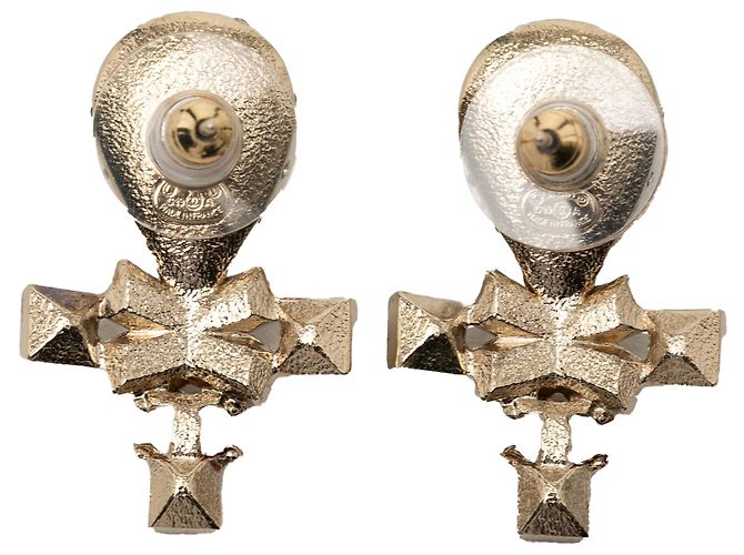Orecchini Chanel Gold CC placcati oro strass perla finta goccia nastro push back D'oro - vista 2