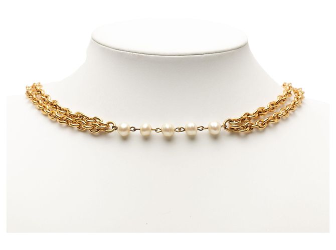 Collana a doppio filo di perle finte dorate con CC Chanel D'oro - vista 7