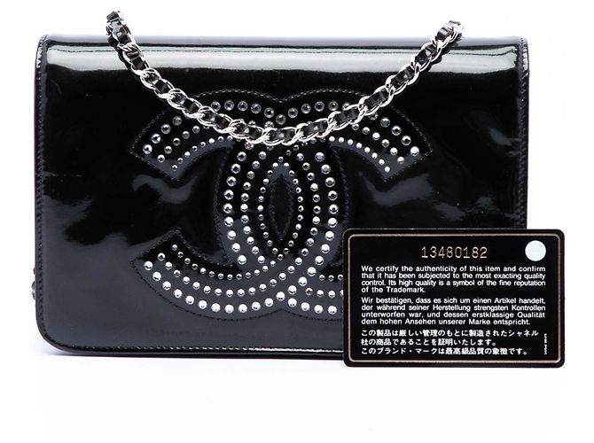 Wallet On Chain Portafoglio con catena Chanel Black CC in vernice decorato con strass Nero - vista 7