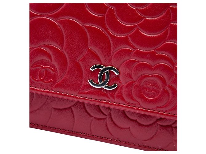 Wallet On Chain Portafoglio con catena Chanel in agnello goffrato Red CC con camelia Rosso - vista 5