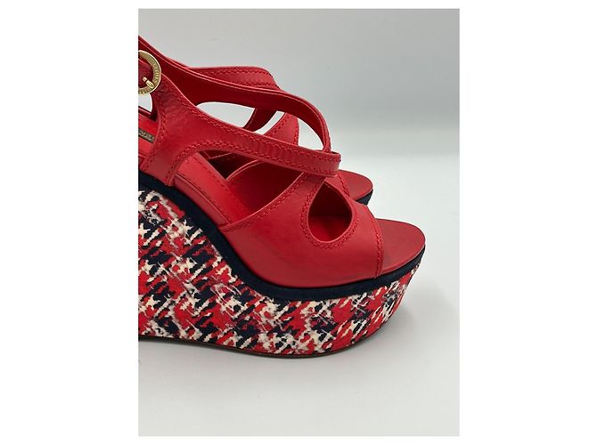 Louis Vuitton Sandali Zeppa in Pelle Rossa e Tweed Taglia 37 Bianco Rosso Blu navy - vista 11