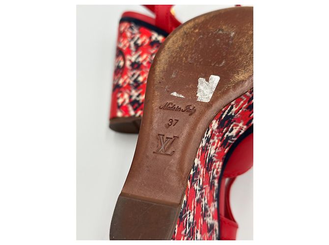 Louis Vuitton Sandali Zeppa in Pelle Rossa e Tweed Taglia 37 Bianco Rosso Blu navy - vista 14