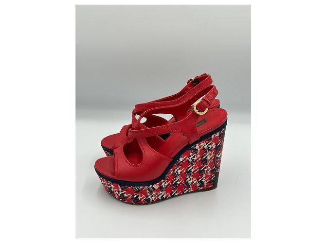 Louis Vuitton Sandali Zeppa in Pelle Rossa e Tweed Taglia 37 Bianco Rosso Blu navy - vista 4