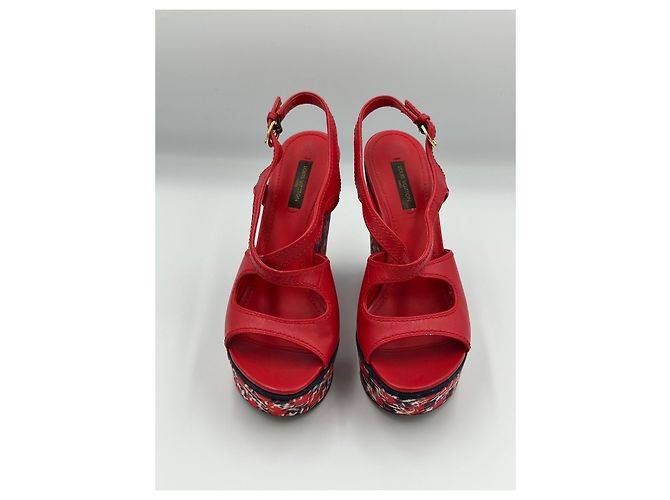 Louis Vuitton Sandali Zeppa in Pelle Rossa e Tweed Taglia 37 Bianco Rosso Blu navy - vista 5