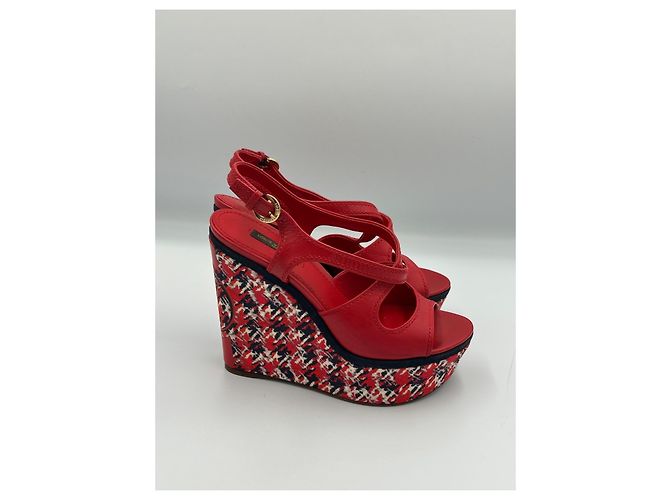 Louis Vuitton Sandali Zeppa in Pelle Rossa e Tweed Taglia 37 Bianco Rosso Blu navy - vista 6