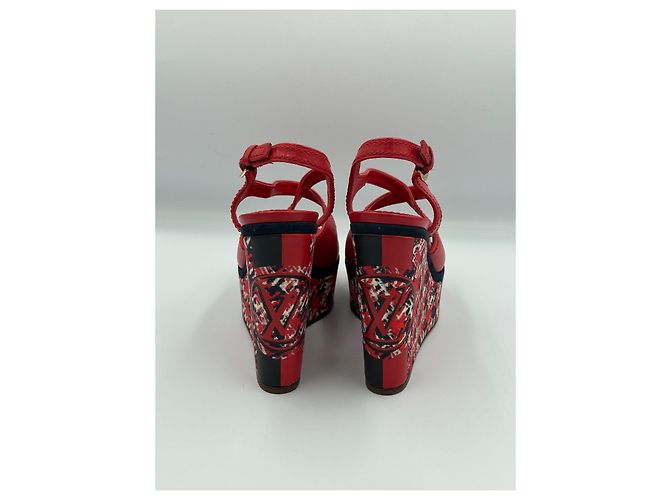 Louis Vuitton Sandali Zeppa in Pelle Rossa e Tweed Taglia 37 Bianco Rosso Blu navy - vista 7