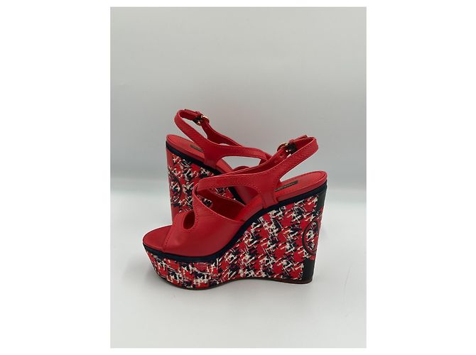 Louis Vuitton Sandali Zeppa in Pelle Rossa e Tweed Taglia 37 Bianco Rosso Blu navy - vista 8
