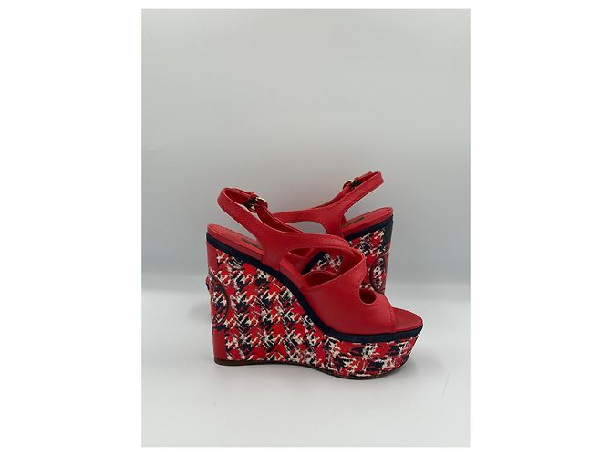 Louis Vuitton Sandali Zeppa in Pelle Rossa e Tweed Taglia 37 Bianco Rosso Blu navy - vista 9