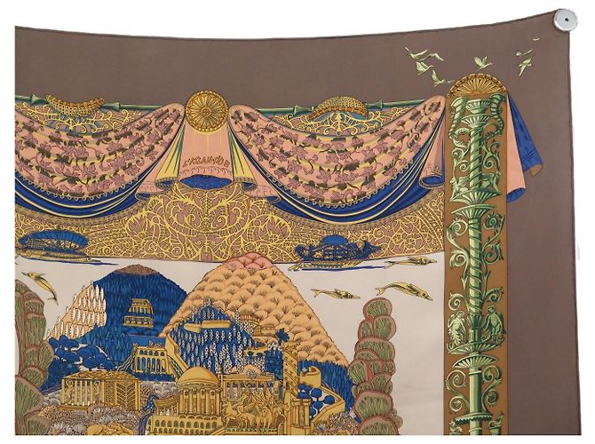 Hermès FULAR VINTAGE HERMES L'ATLANTIDE ANNIE FAIVRE CARRÉ 90 SETA MARRONE - vista 3