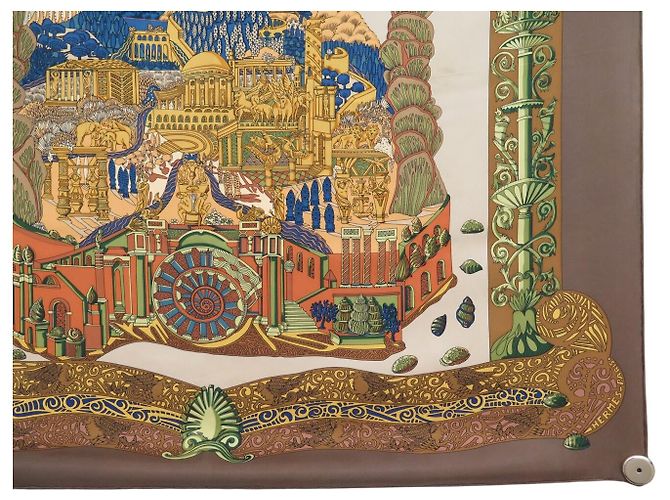 Hermès FULAR VINTAGE HERMES L'ATLANTIDE ANNIE FAIVRE CARRÉ 90 SETA MARRONE - vista 4