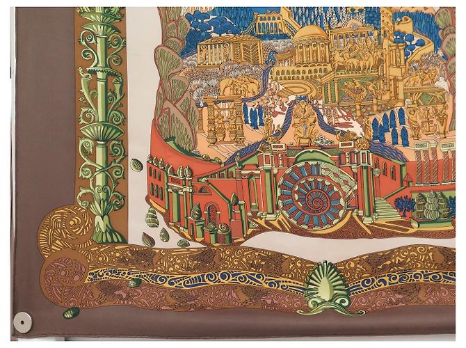 Hermès FULAR VINTAGE HERMES L'ATLANTIDE ANNIE FAIVRE CARRÉ 90 SETA MARRONE - vista 5
