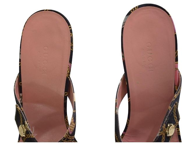 Mule Gucci Vintage in Seta con Stampa a Catena Nero Rosa D'oro - vista 11