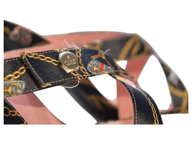 Mule Gucci Vintage in Seta con Stampa a Catena Nero Rosa D'oro - vista 12