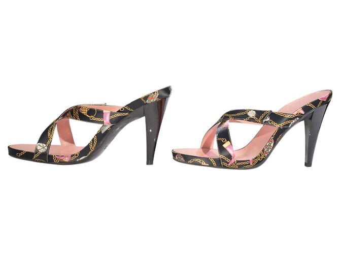 Mule Gucci Vintage in Seta con Stampa a Catena Nero Rosa D'oro - vista 6