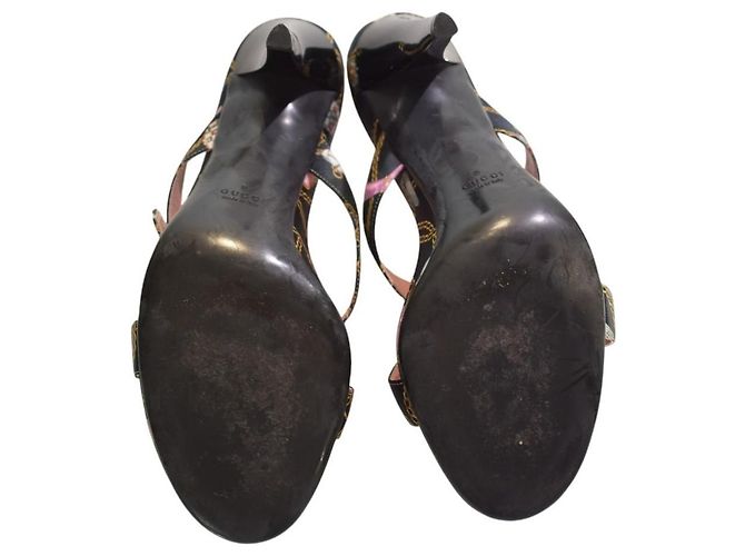 Mule Gucci Vintage in Seta con Stampa a Catena Nero Rosa D'oro - vista 8